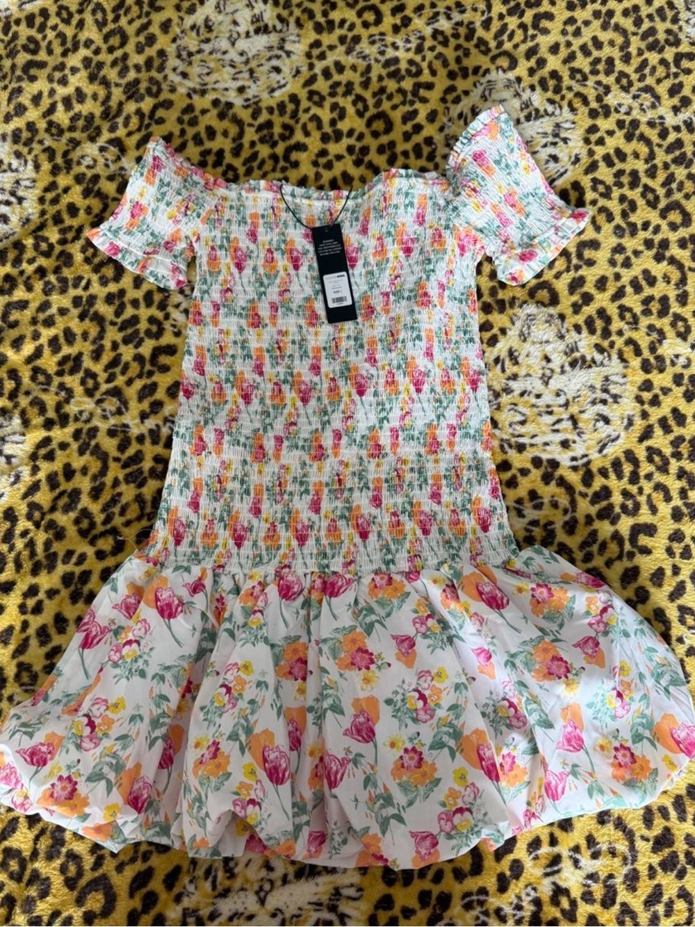Fashion Nova Women’s White Floral Smocked Dress with Pink & Yellow Flowers